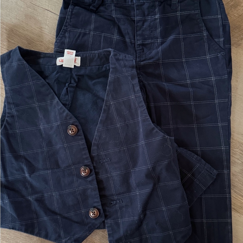 Kids Navy Blue Plaid Vest and Pants Set
